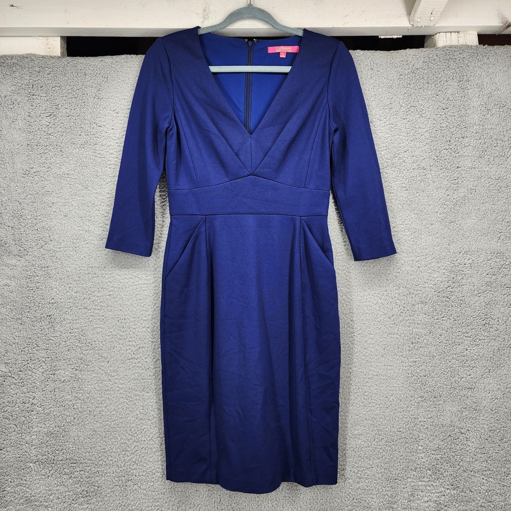 Catherine Malandrino Royal Blue V-Neck Sheath Dress 3/4 Sleeve Size 4